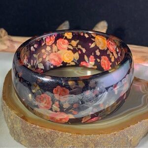 VINTAGE PINK AND BLACK ROSE WIDE BANGLE BRACELET